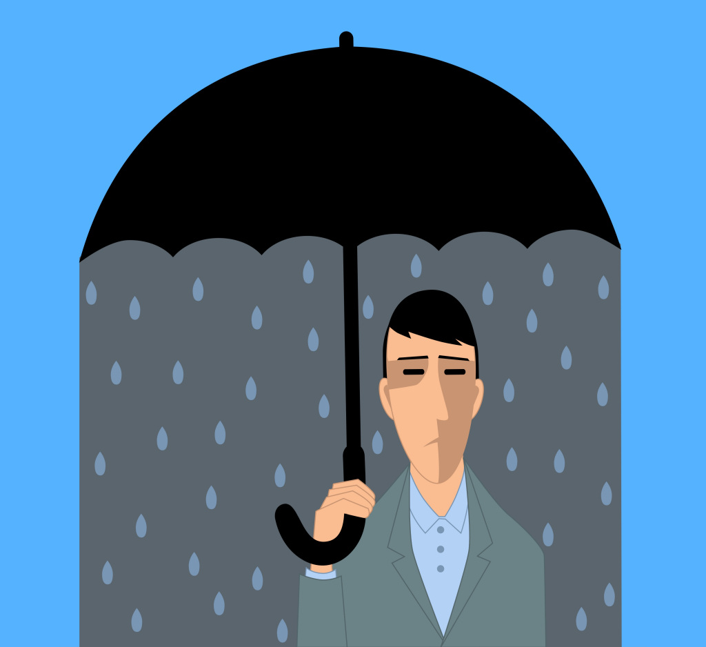 Cartoon drawing of a man holding an umbrella above his head, though the sky is blue. His umbrella appears to be raining on him.