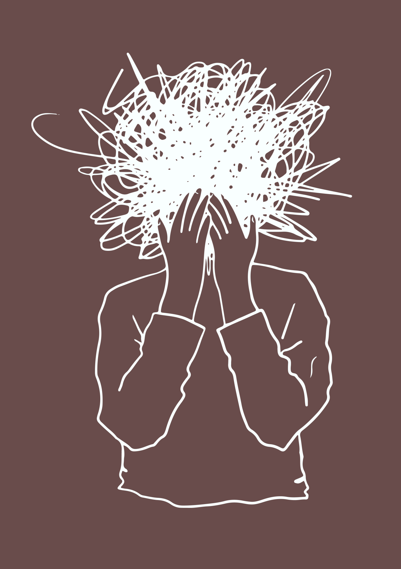 simple outline sketch of a man with hands pressed to his face. His head is a mass of scribbles and squiggles.