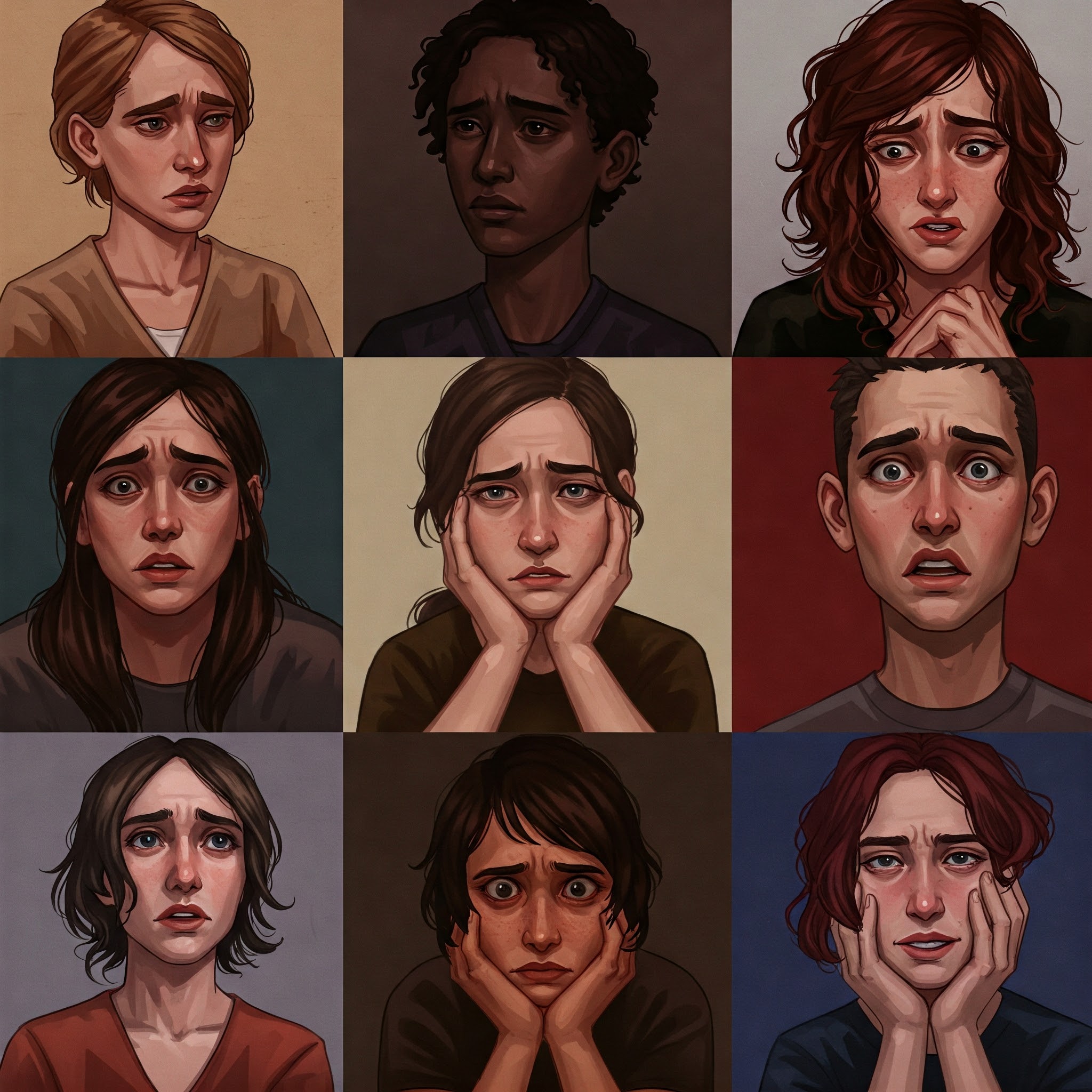 AI-genrated image, nine troubled faces